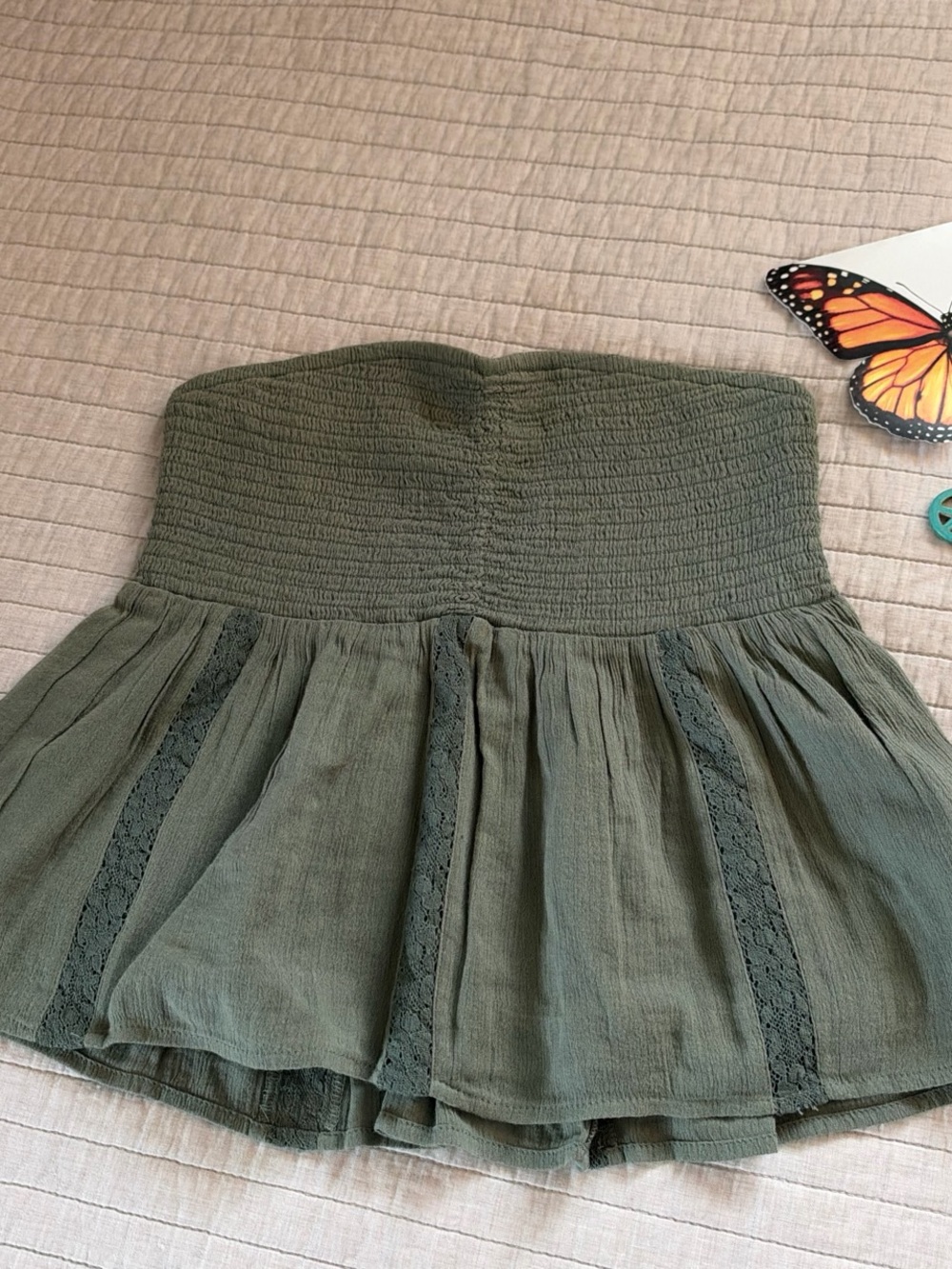 American eagle, olive green smocked cotton strapless top S